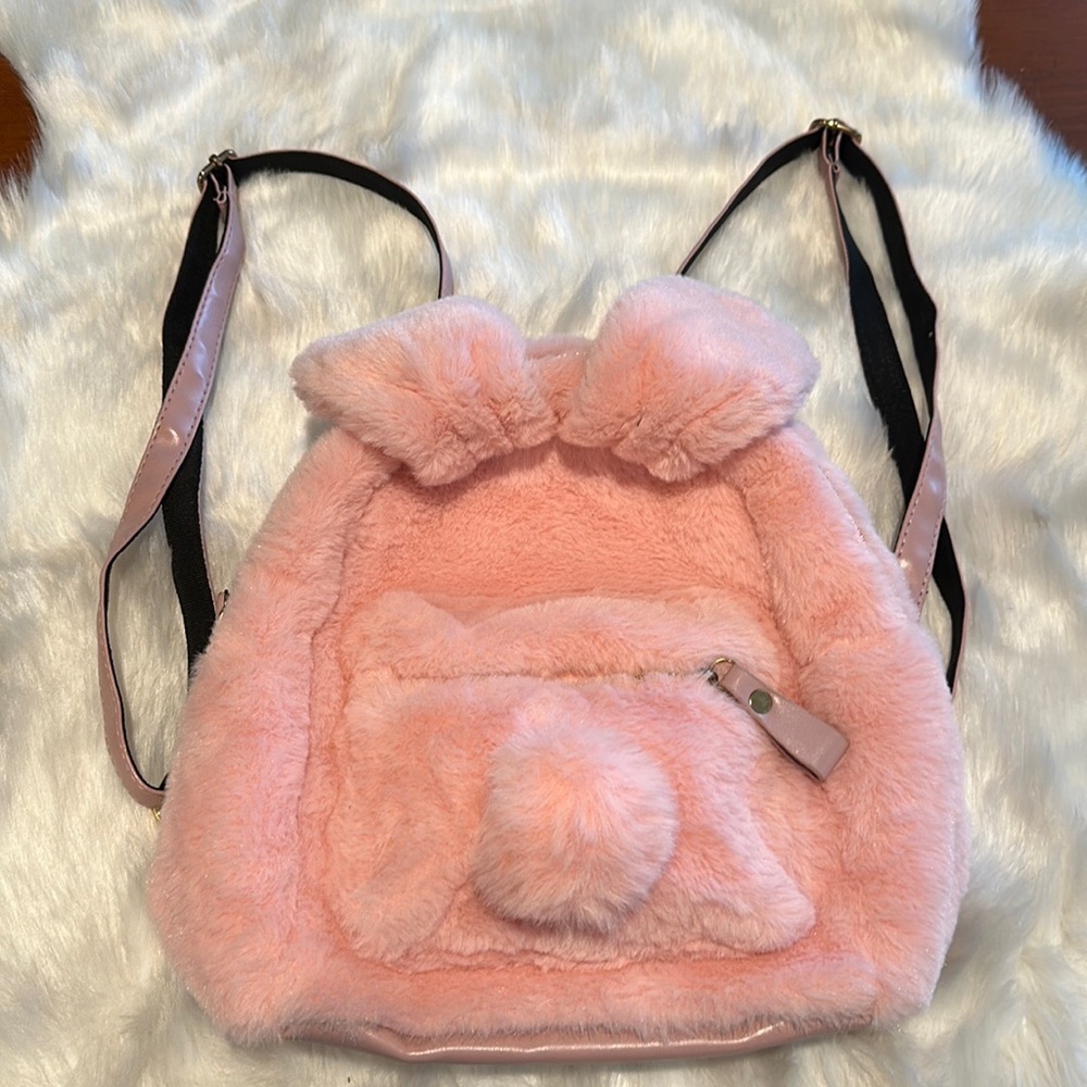 Plush bunny rabbit pink soft faux fir Back Pack with adjustable straps